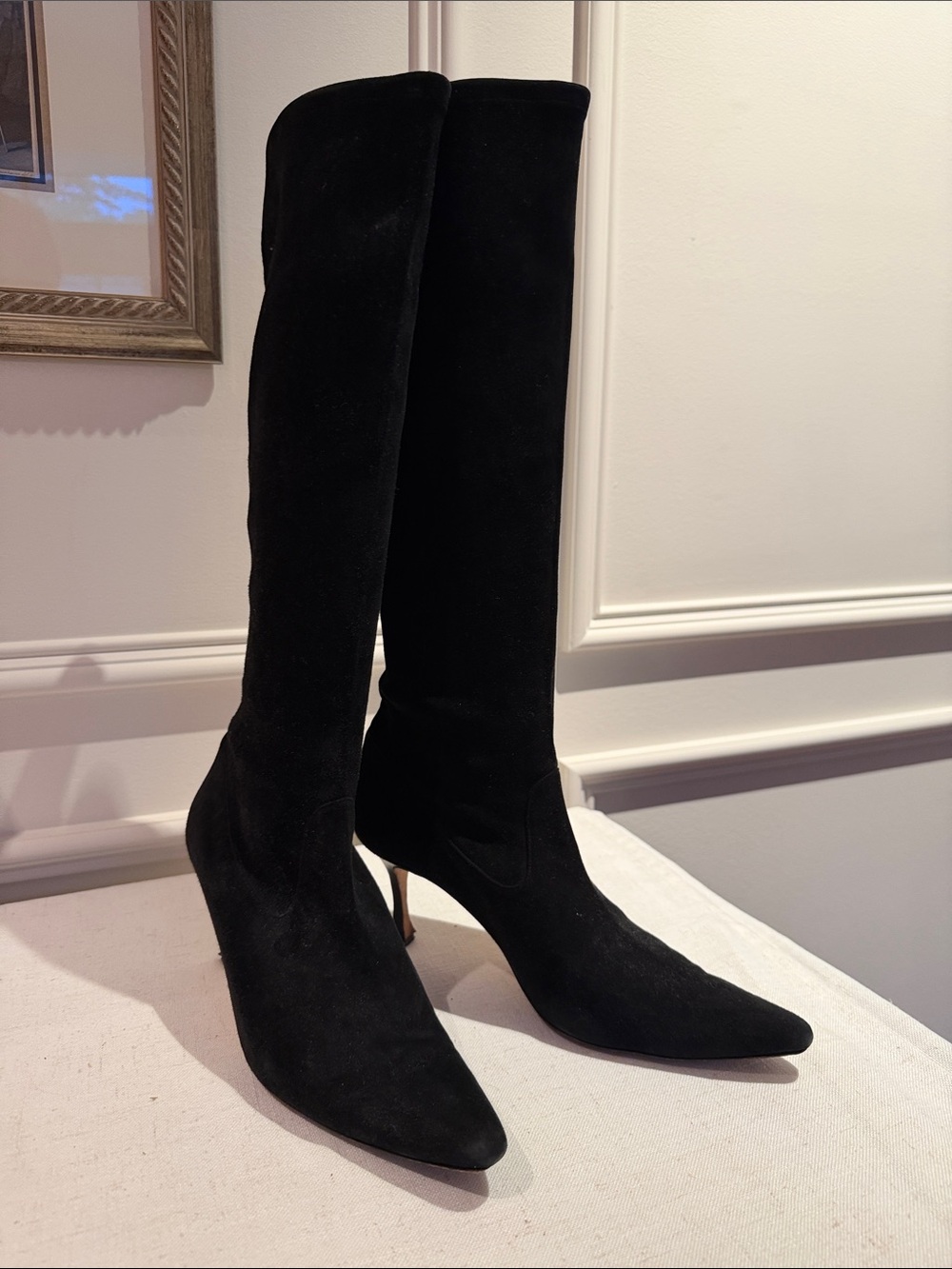 Manolo Blahnik Black Suede Over-the-Knee Pointed Stiletto Boots